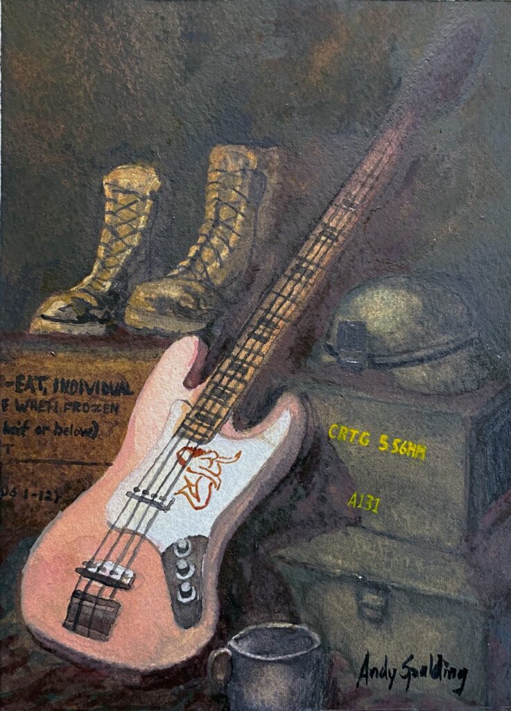 Still-life painting featuring a bass guitar, military boots, helmet and pack, and a cup.